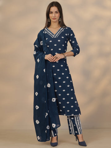 Blue Printed Cotton Straight Suit Set With Dupatta
