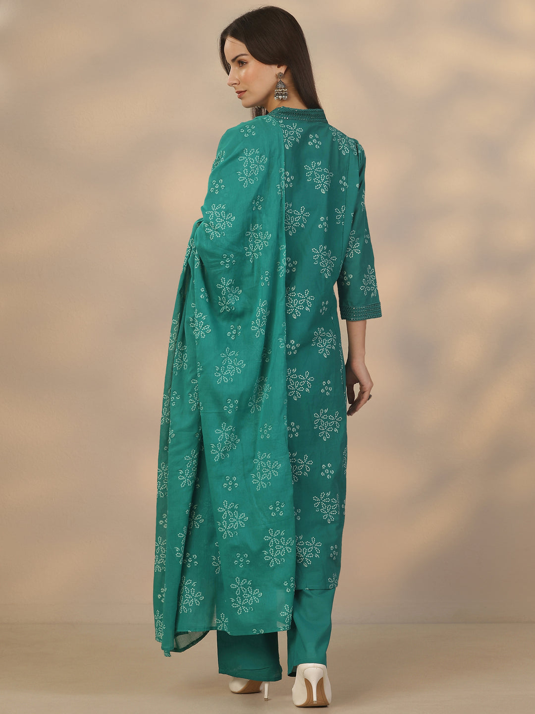  Green Printed Cotton Anarkali Suit Set With Dupatta 
