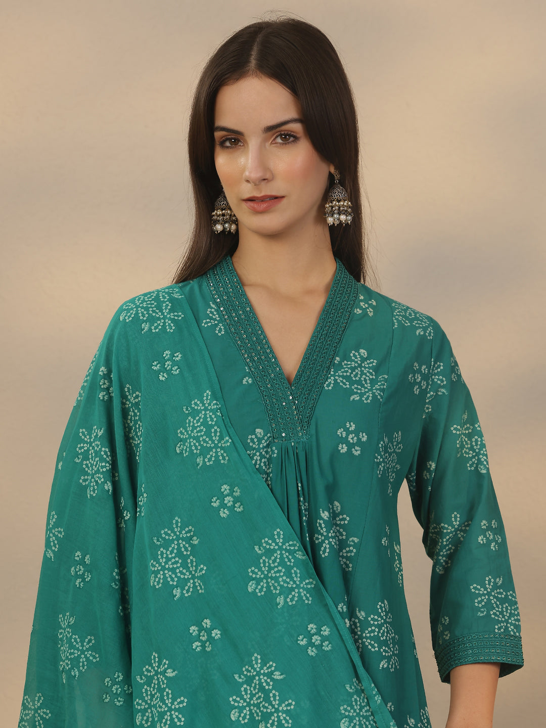  Green Printed Cotton Anarkali Suit Set With Dupatta 