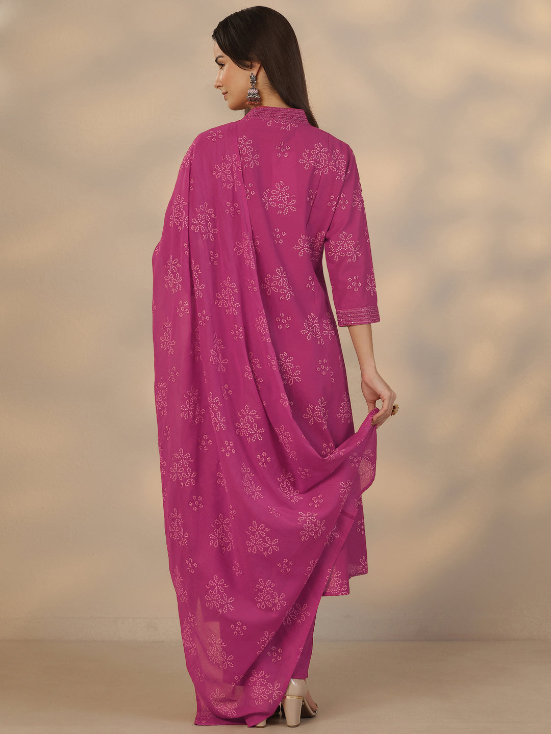  Pink Printed Cotton Anarkali Suit Set With Dupatta 
