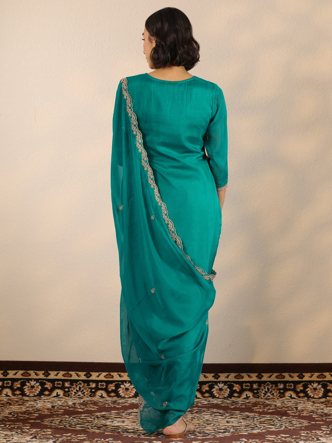  Green Embroidered Organza Straight Suit Set With Dupatta 