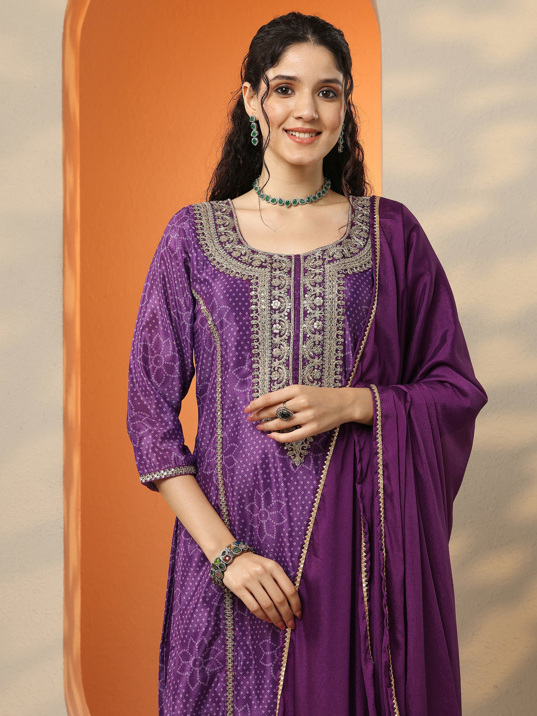  Purple Bandhani Printed Silk Blend Straight Suit Set With Dupatta 