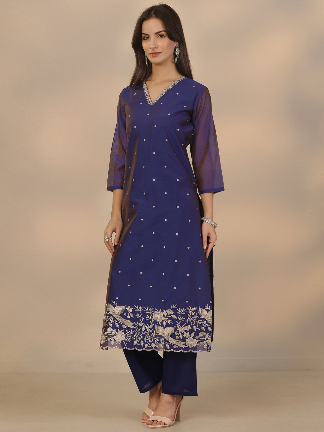  Blue Embroidered Silk Blend Straight Suit Set With Dupatta 