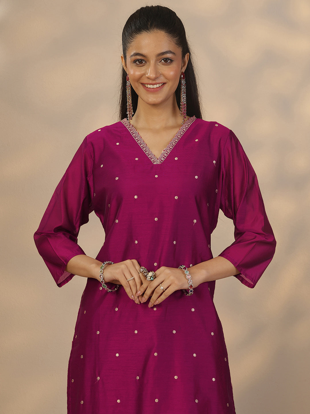  Magenta Embroidered Silk Blend Straight Suit Set With Dupatta 