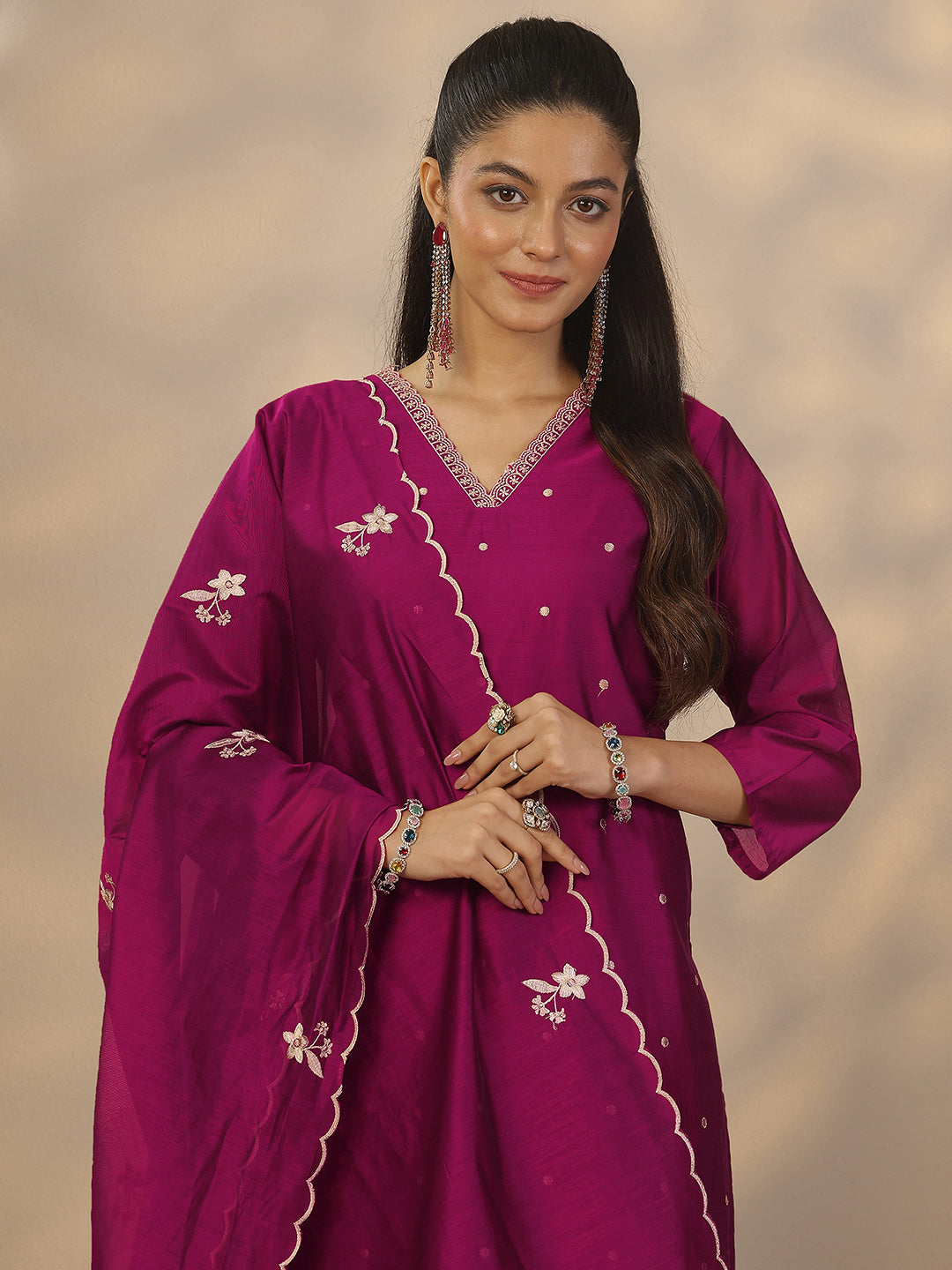  Magenta Embroidered Silk Blend Straight Suit Set With Dupatta 