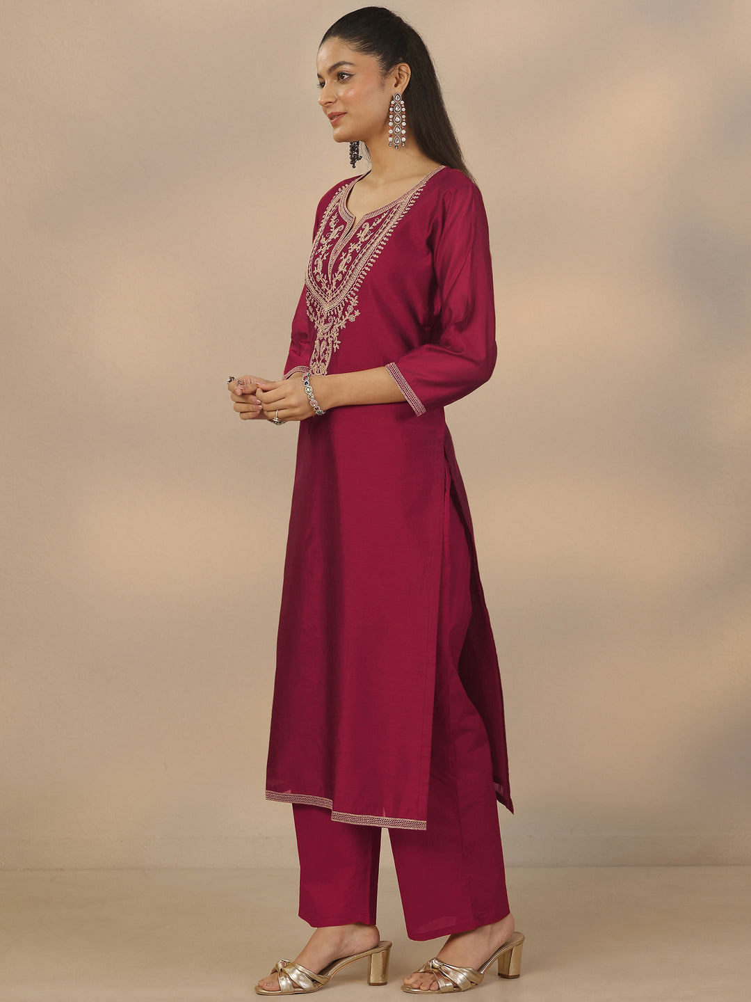  Maroon Embroidered Silk Blend Straight Suit Set With Dupatta 