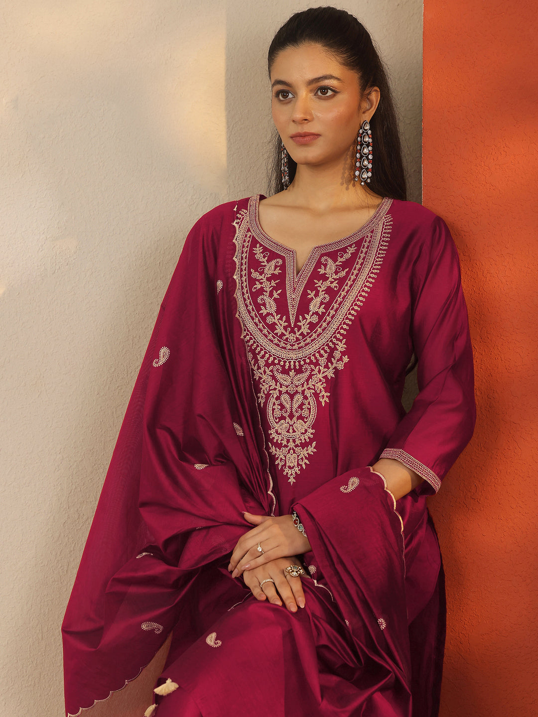  Maroon Embroidered Silk Blend Straight Suit Set With Dupatta 