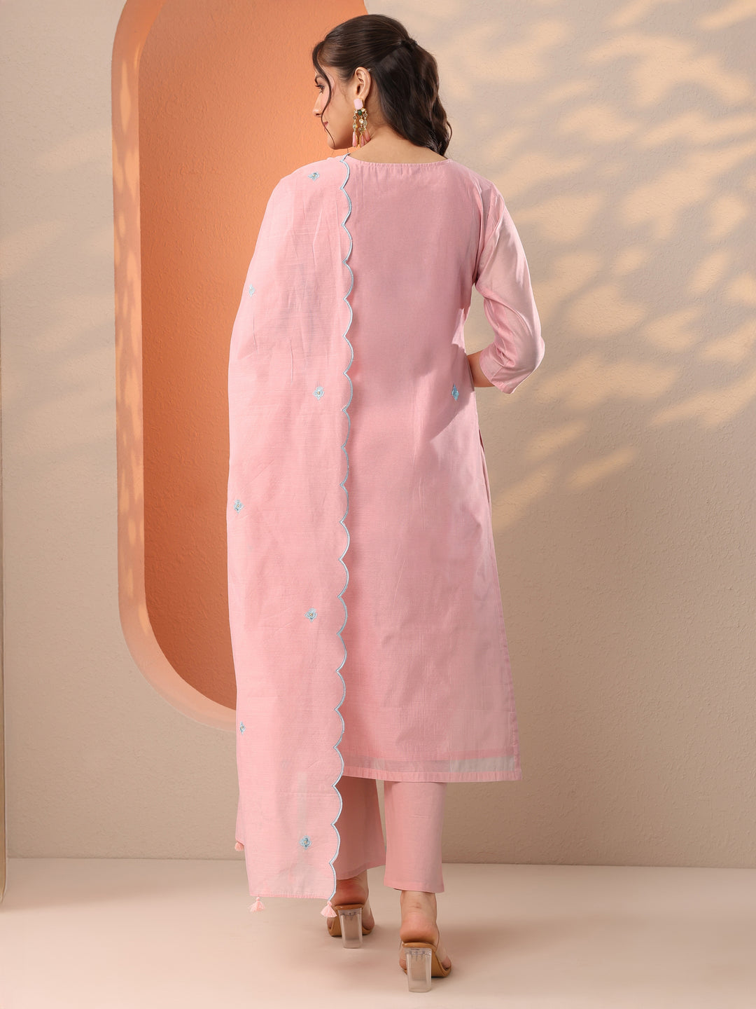 Pink Embroidered Silk Blend Straight Suit Set With Dupatta 