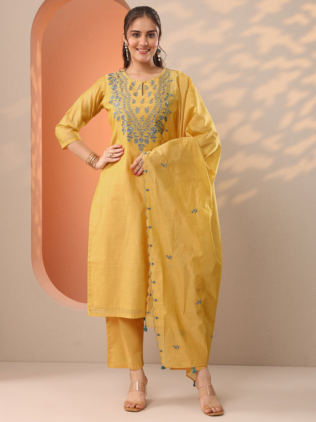  Yellow Embroidered Silk Blend Straight Suit Set With Dupatta 