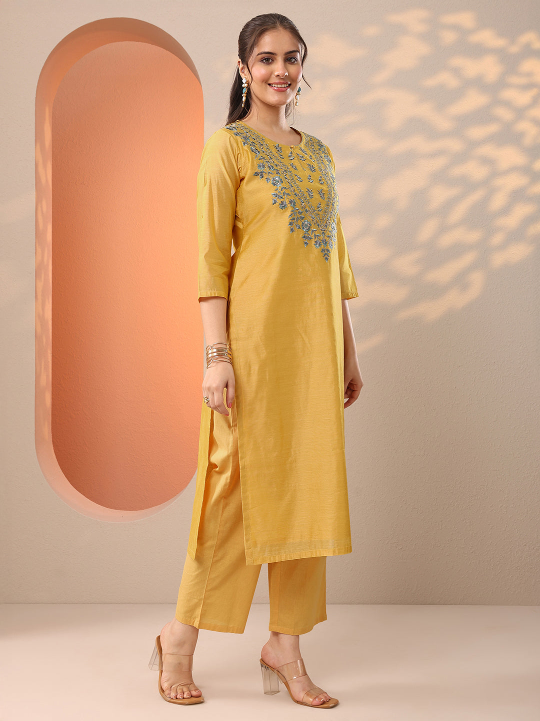  Yellow Embroidered Silk Blend Straight Suit Set With Dupatta 