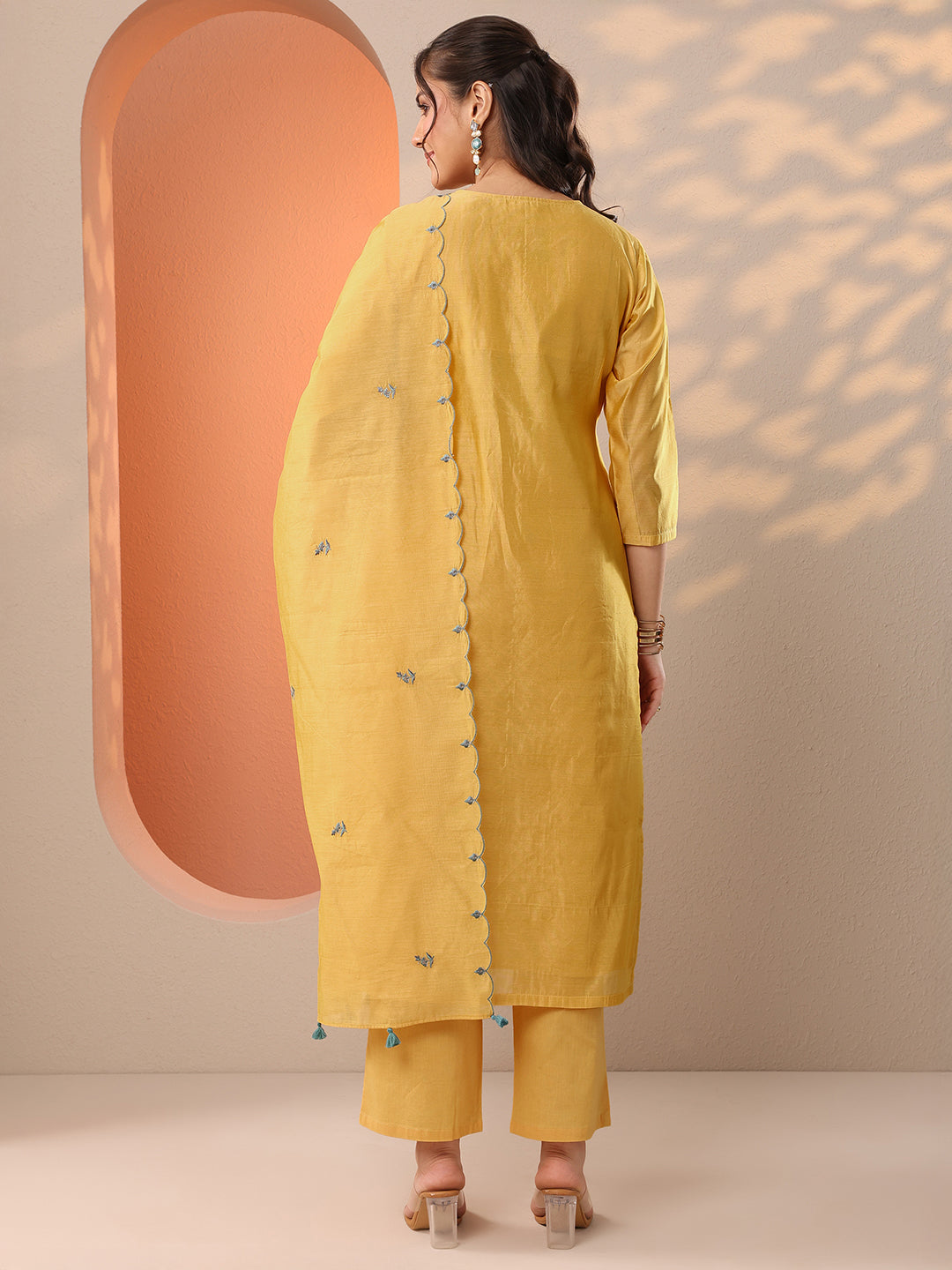 Yellow Embroidered Silk Blend Straight Suit Set With Dupatta 
