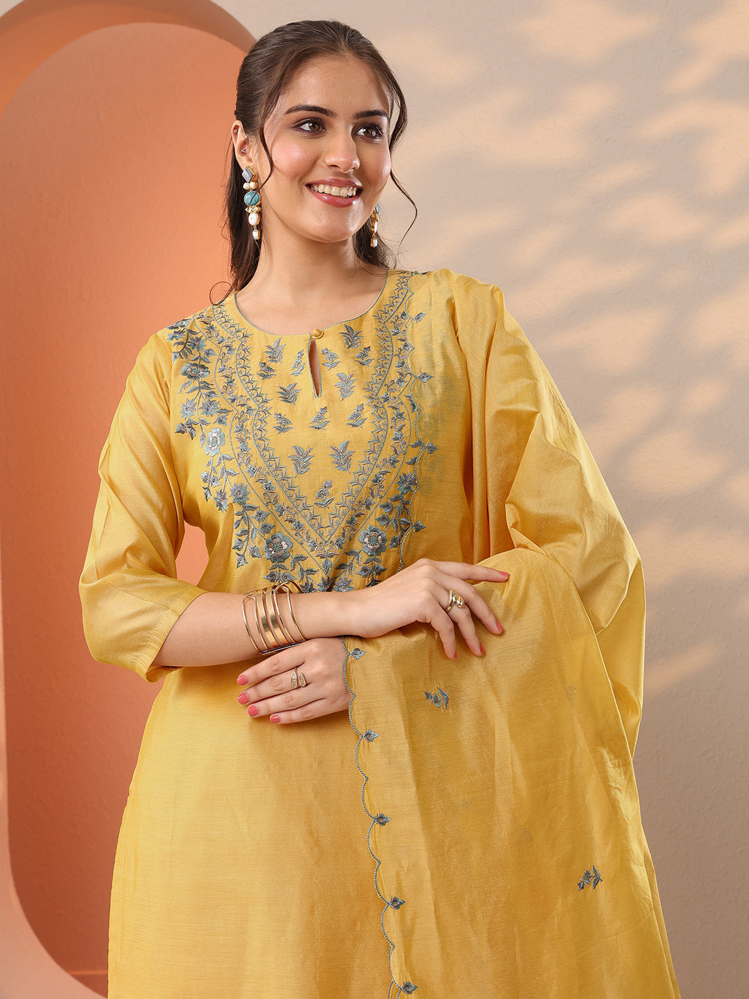  Yellow Embroidered Silk Blend Straight Suit Set With Dupatta 
