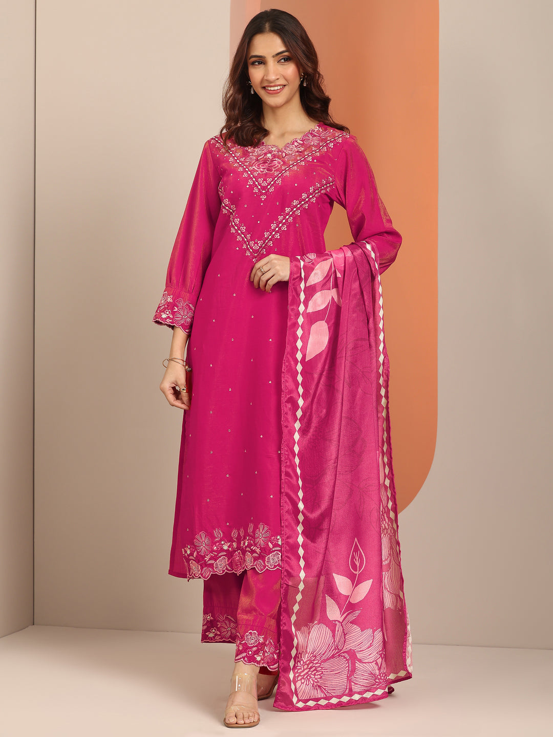  Magenta Embroidered Silk Blend Straight Suit Set With Dupatta 