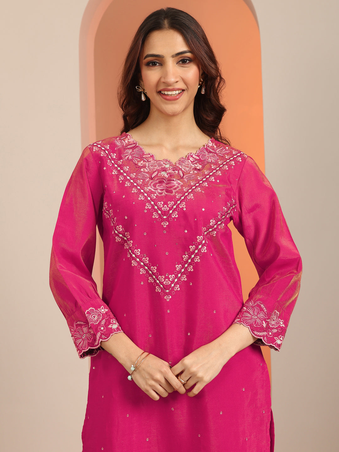  Magenta Embroidered Silk Blend Straight Suit Set With Dupatta 