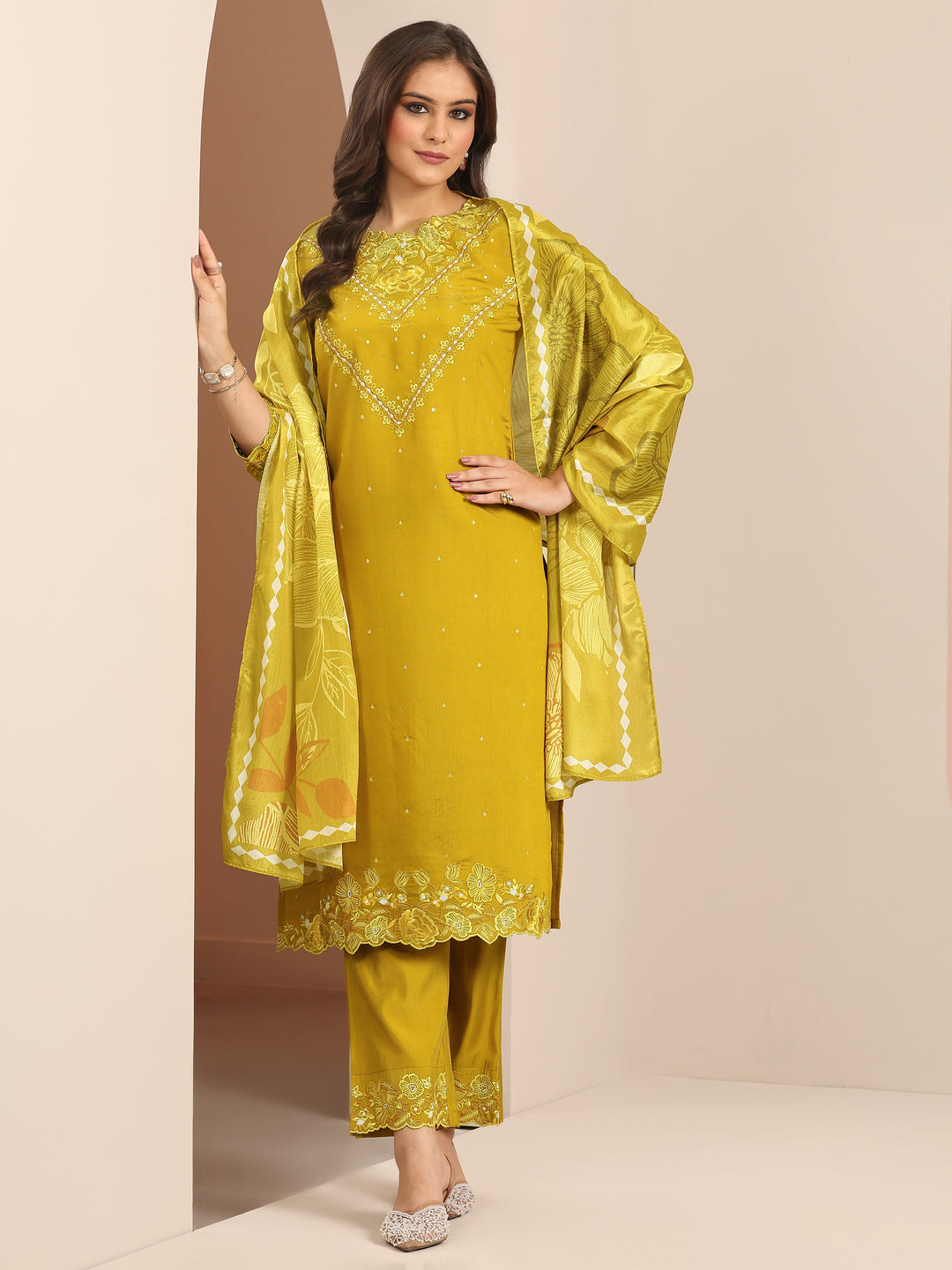  Mustard Embroidered Silk Blend Straight Suit Set With Dupatta 