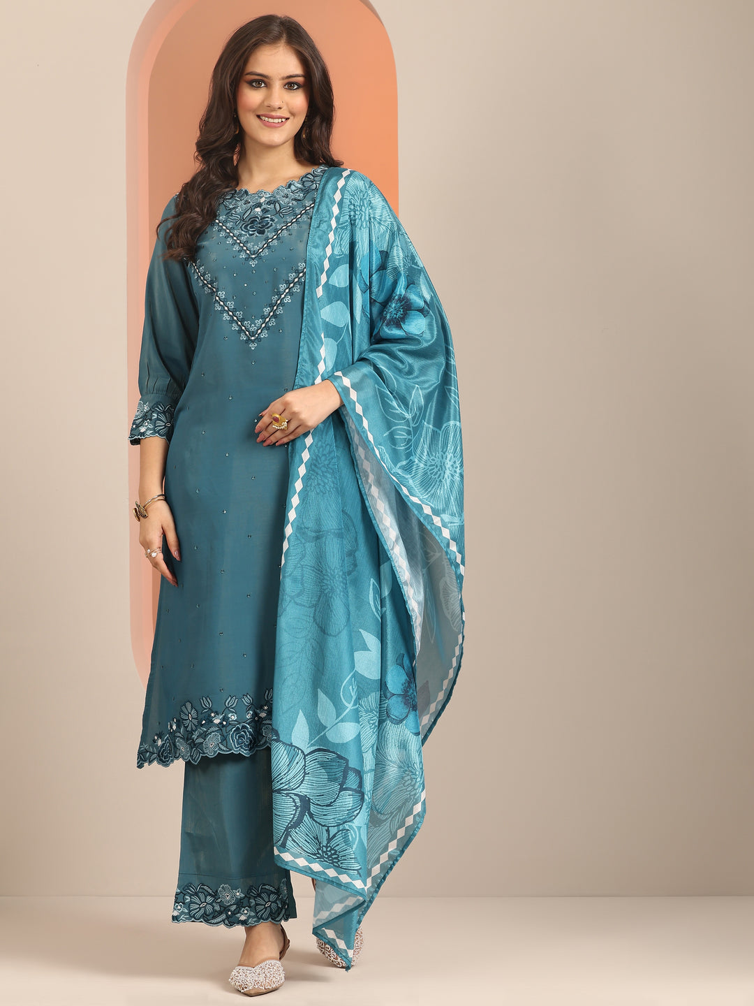  Blue Embroidered Silk Blend Straight Suit Set With Dupatta 