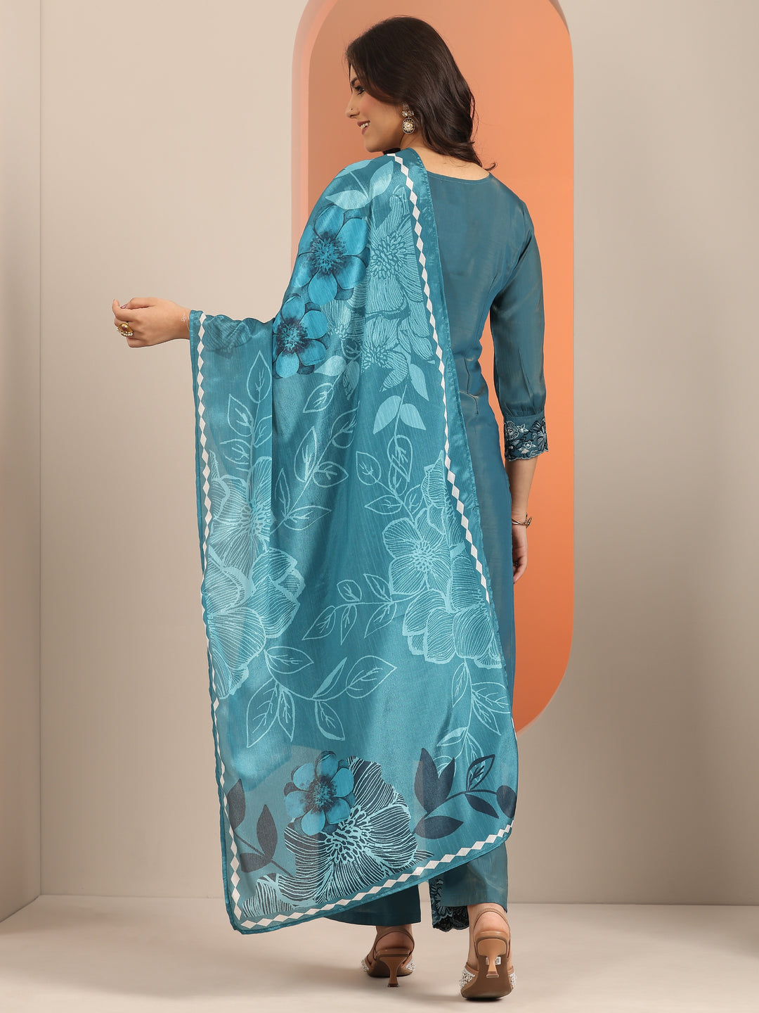  Blue Embroidered Silk Blend Straight Suit Set With Dupatta 
