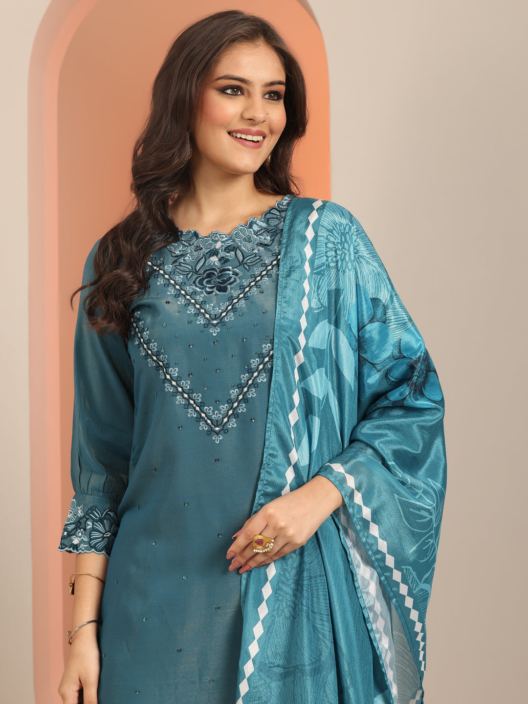  Blue Embroidered Silk Blend Straight Suit Set With Dupatta 