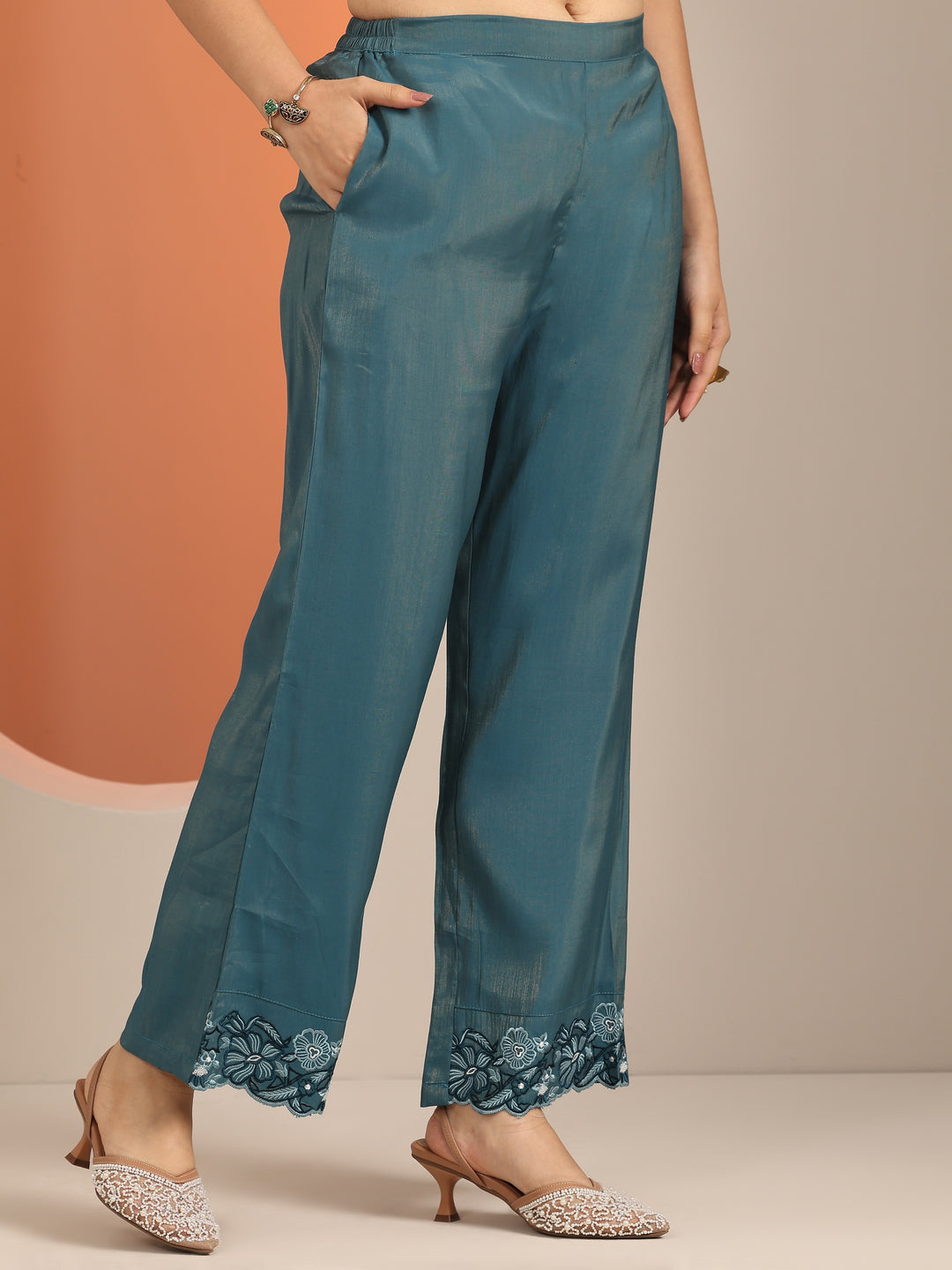  Blue Embroidered Silk Blend Straight Suit Set With Dupatta 