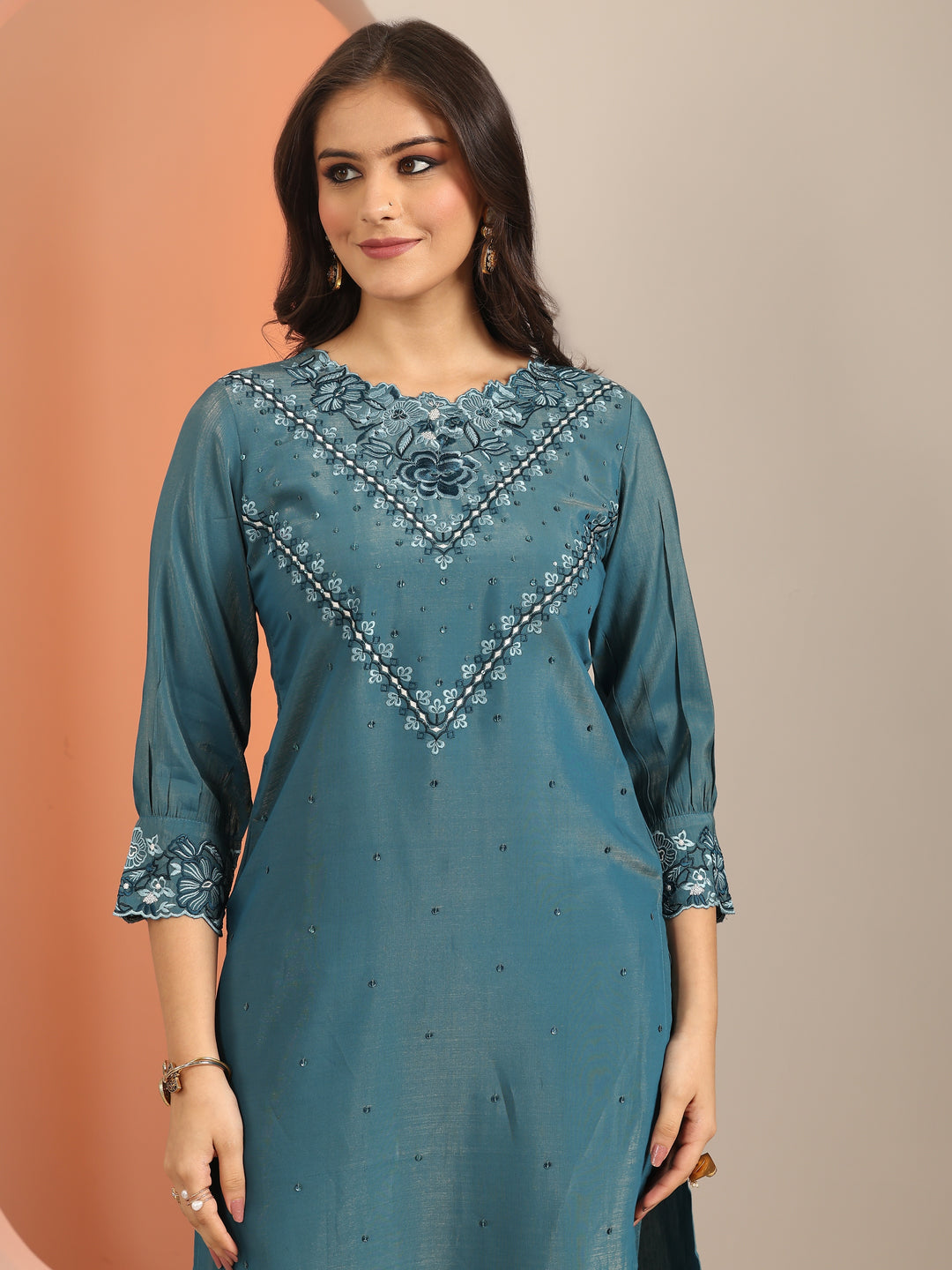  Blue Embroidered Silk Blend Straight Suit Set With Dupatta 
