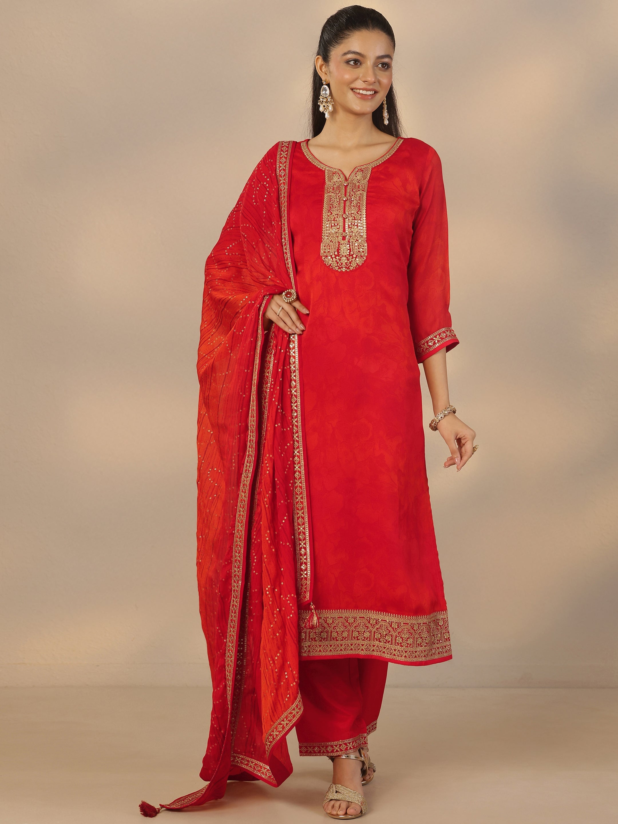 Red Embroidered Silk Blend Straight Suit Set With Dupatta-image-43