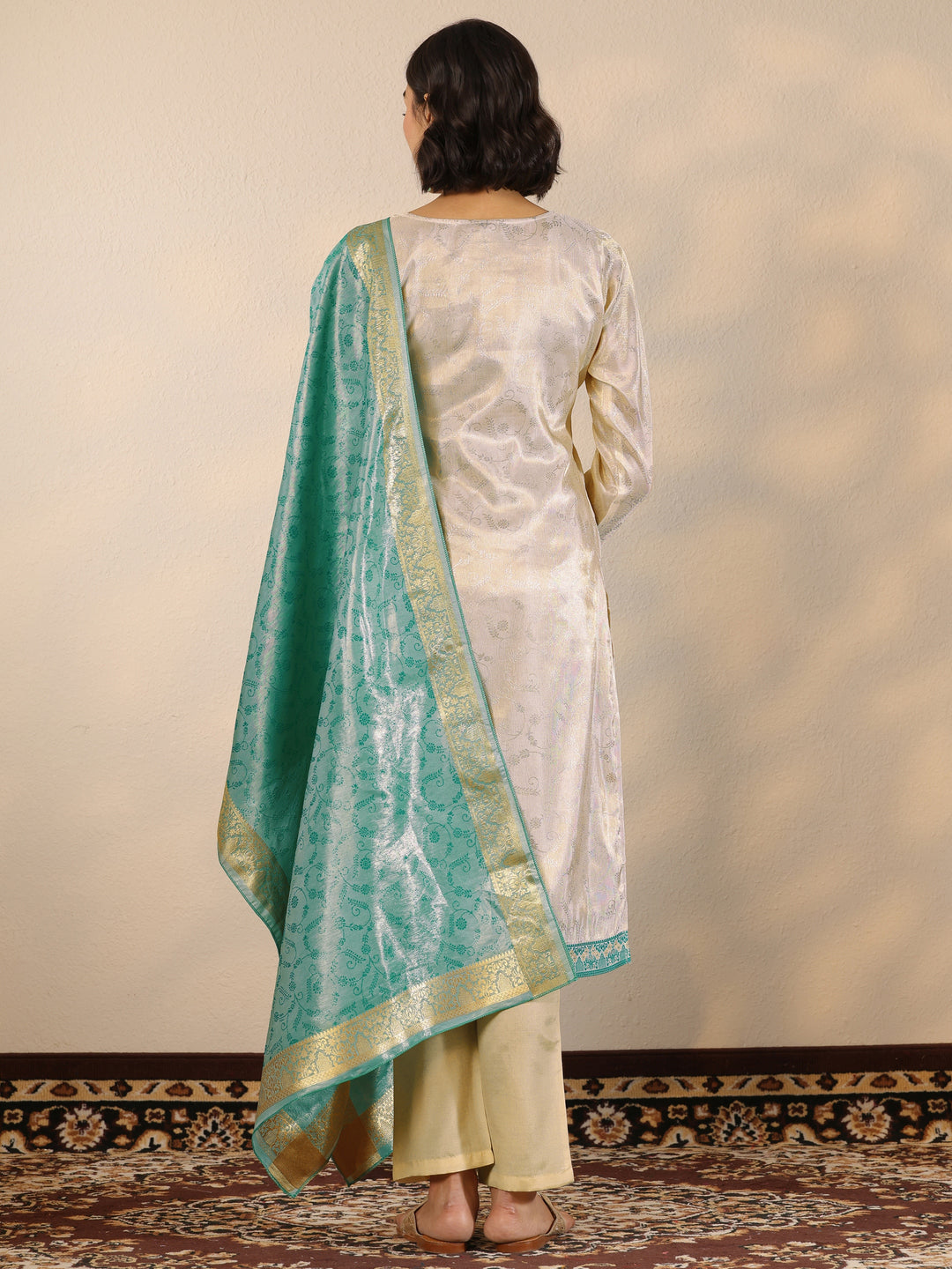  Off White Woven Design Silk Blend Straight Suit Set With Dupatta 