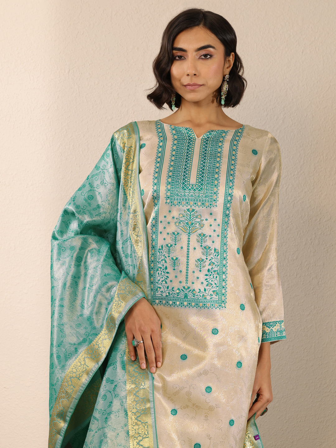  Off White Woven Design Silk Blend Straight Suit Set With Dupatta 