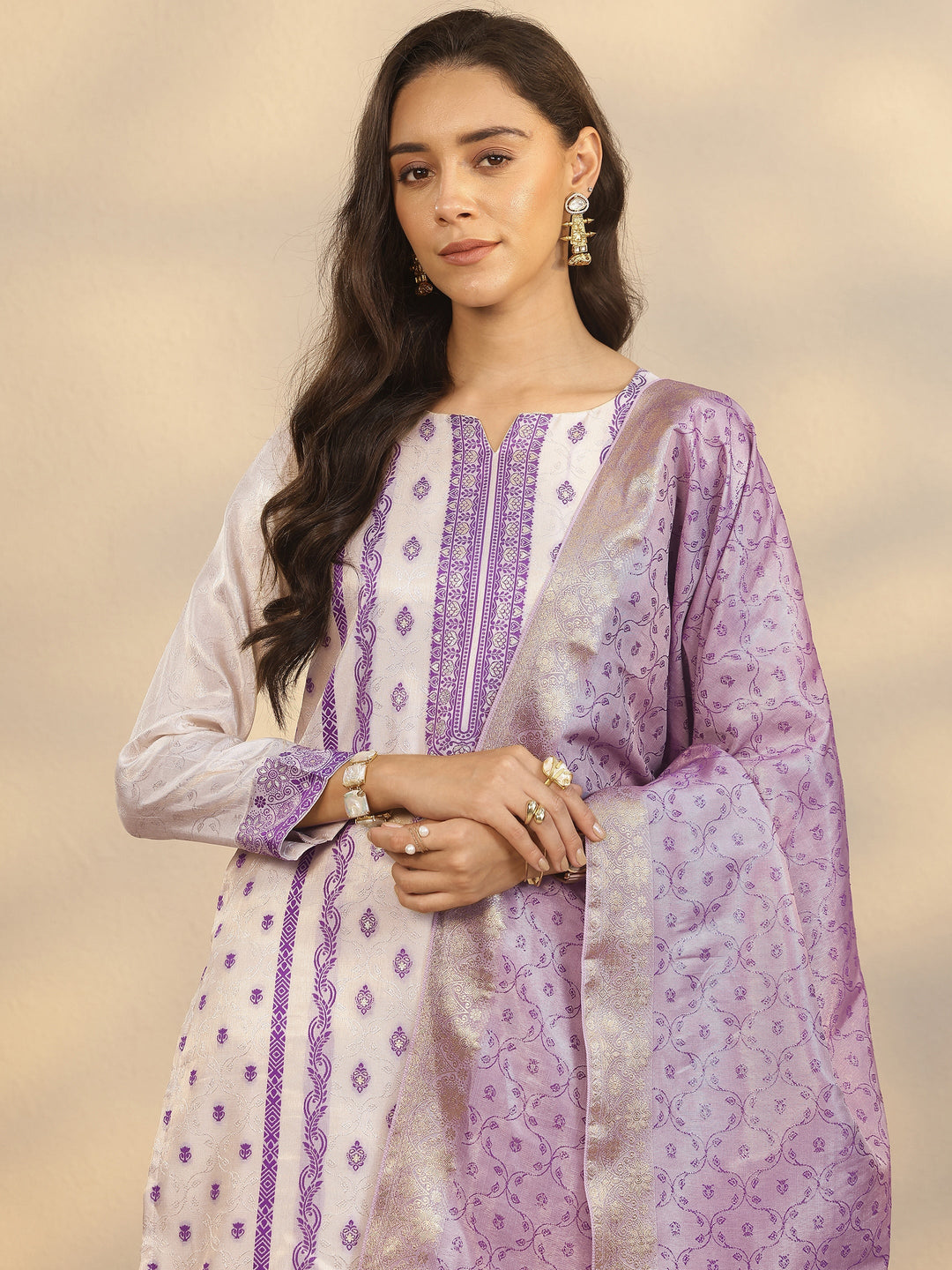  Off White Woven Design Silk Blend Straight Suit Set With Dupatta 