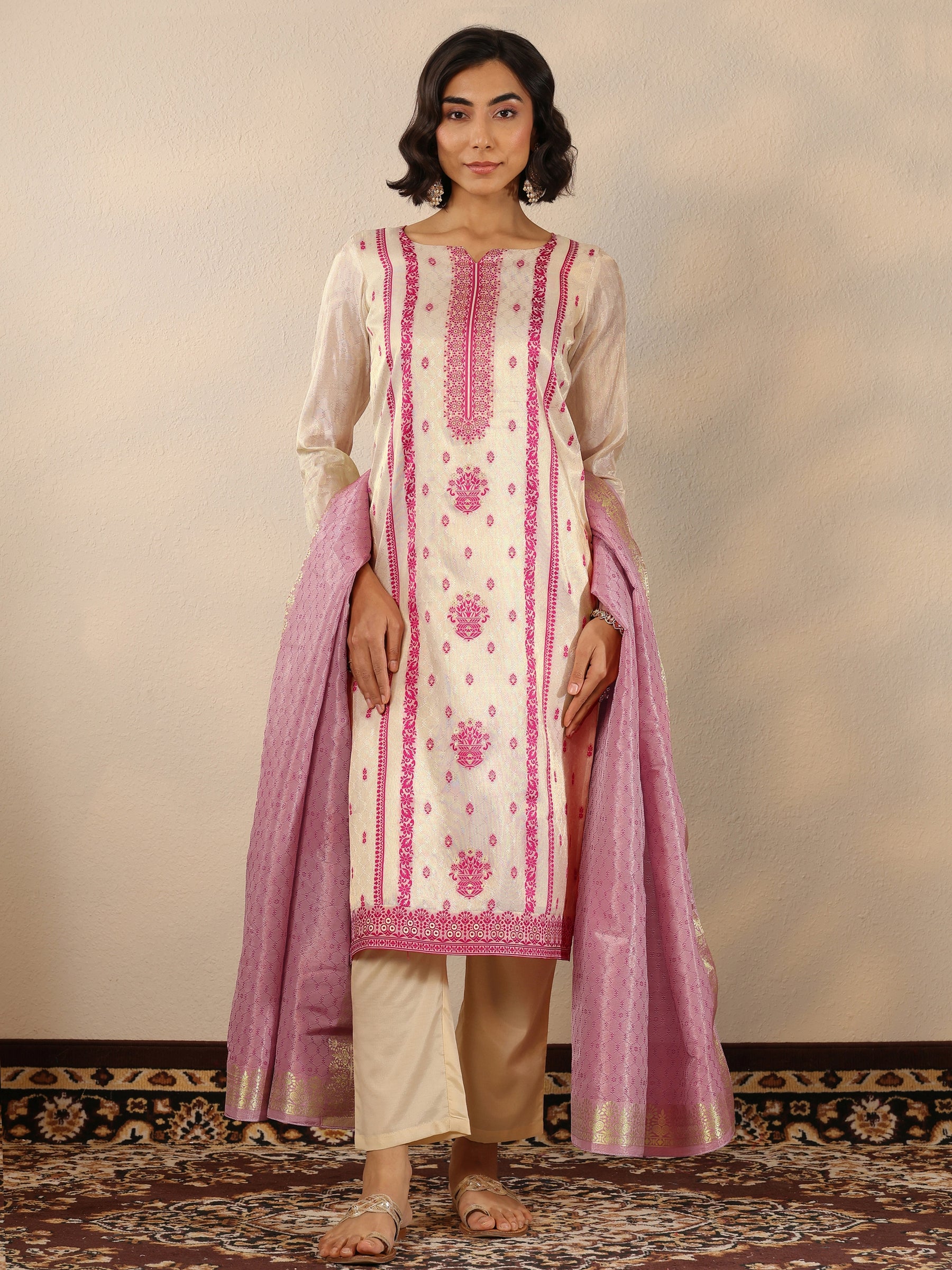 Off White Woven Design Silk Blend Straight Suit Set With Dupatta