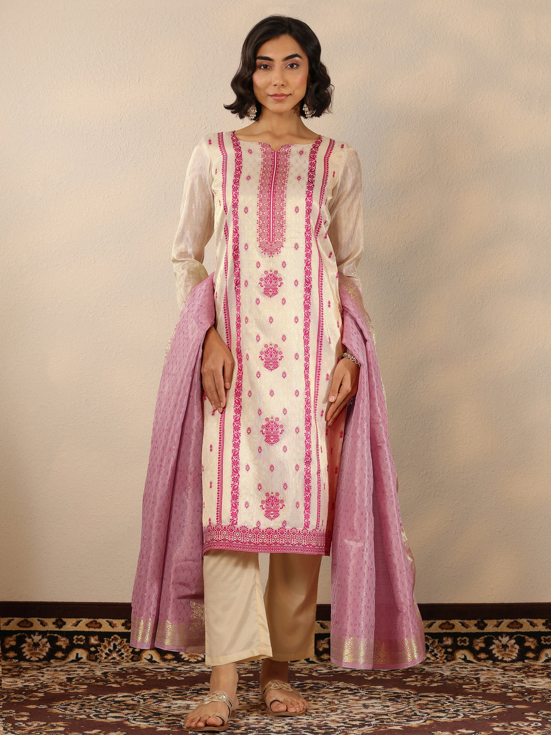 Off White Woven Design Silk Blend Straight Suit Set With Dupatta