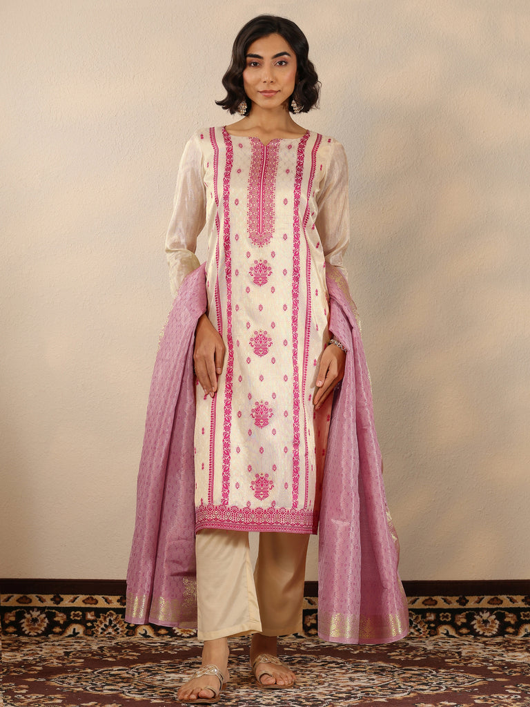 Libas Off White Woven Design Silk Blend Straight Suit Set With Dupatta