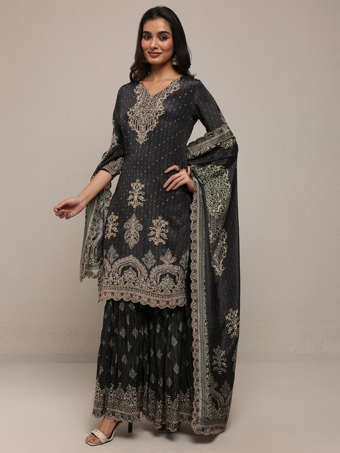  Libas Art Black Embroidered Silk Crepe Straight Suit Set With Dupatta 