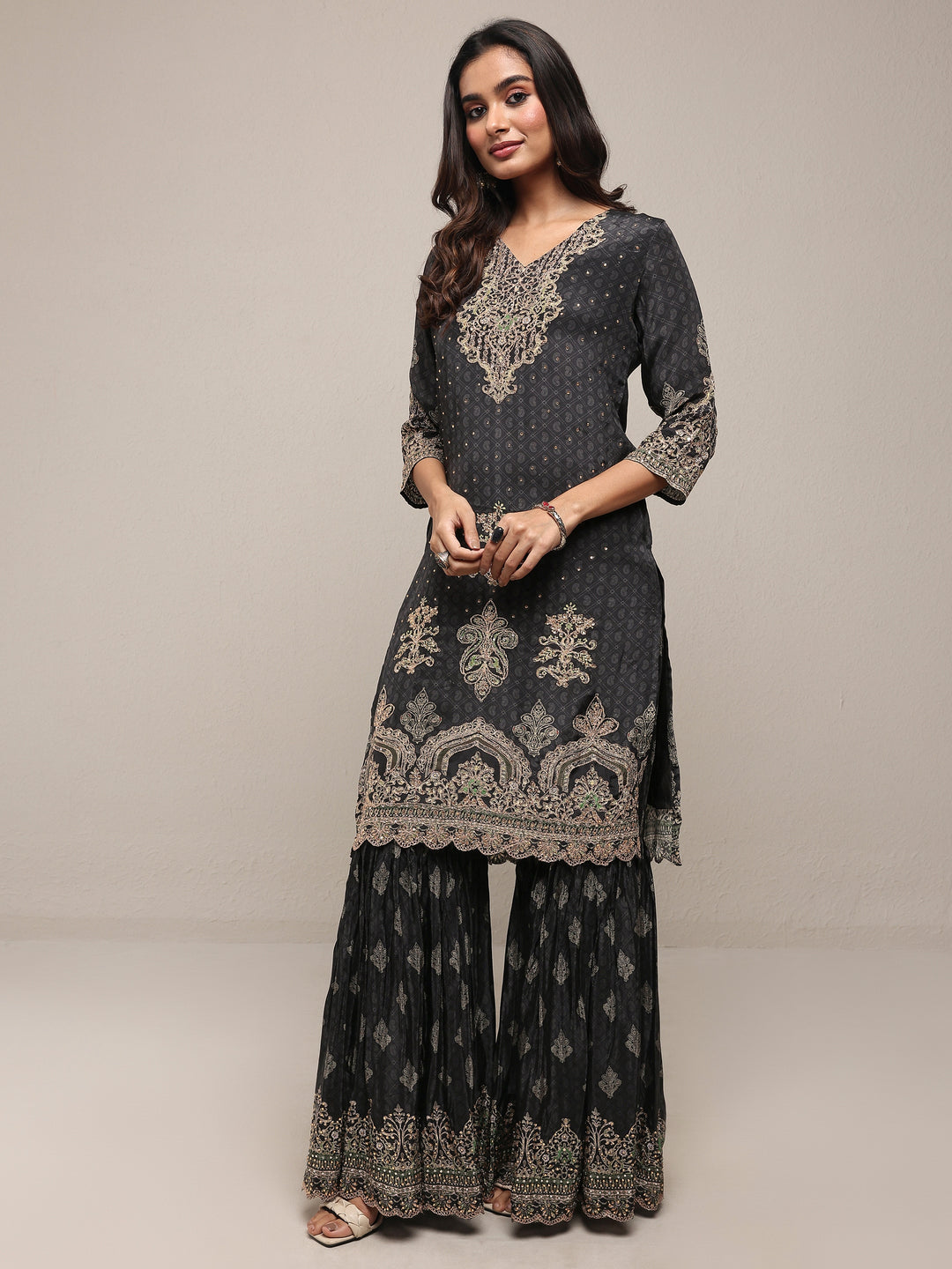  Libas Art Black Embroidered Silk Crepe Straight Suit Set With Dupatta 