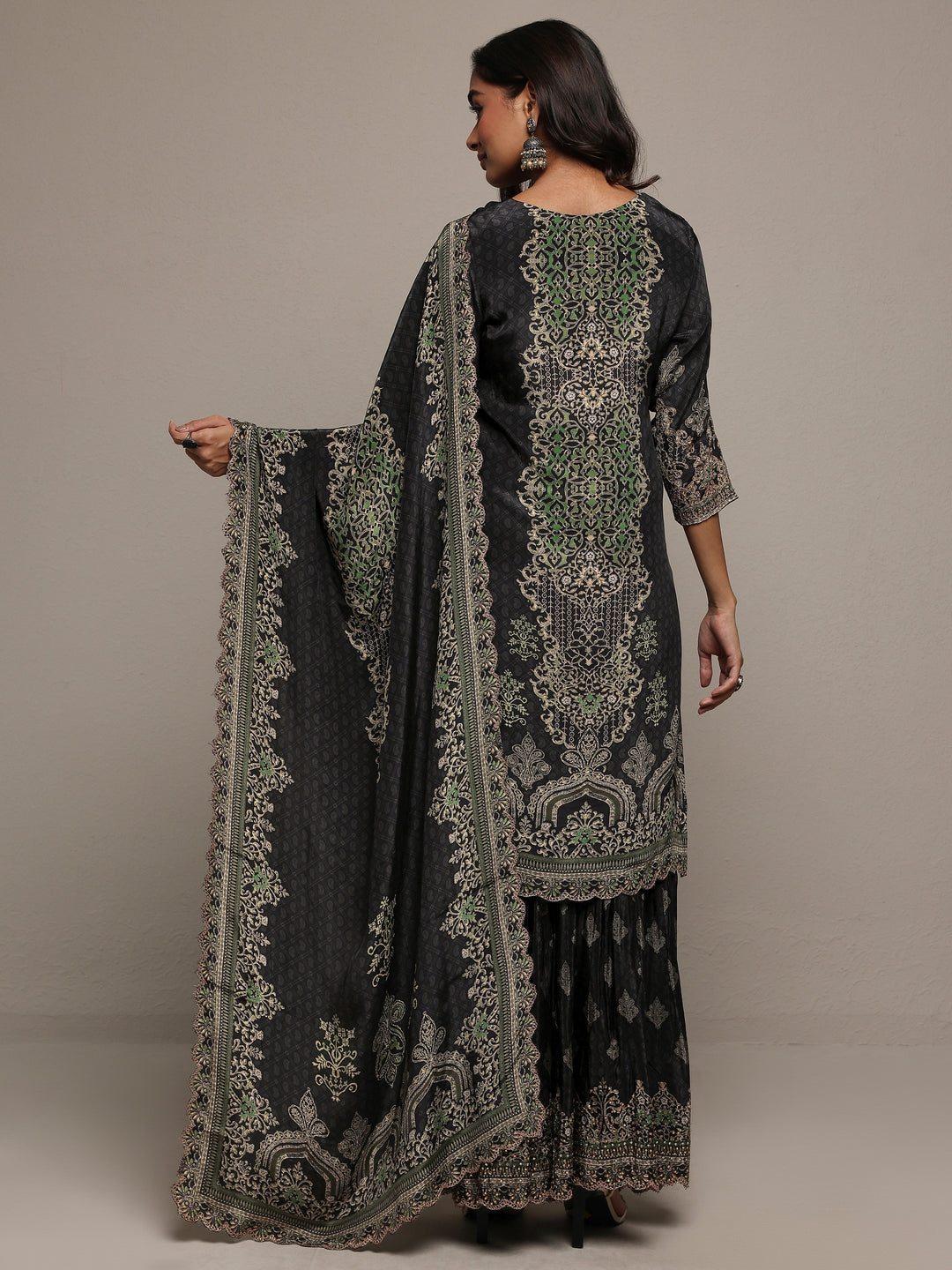  Libas Art Black Embroidered Silk Crepe Straight Suit Set With Dupatta 