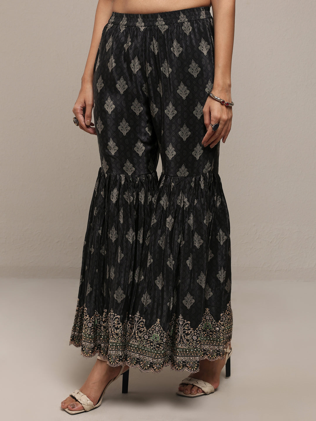  Libas Art Black Embroidered Silk Crepe Straight Suit Set With Dupatta 