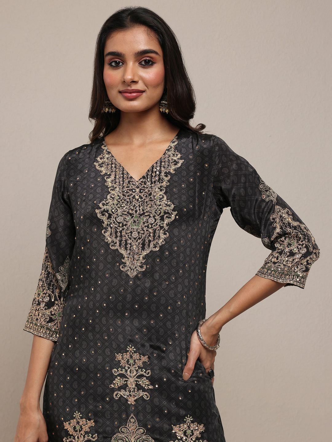  Libas Art Black Embroidered Silk Crepe Straight Suit Set With Dupatta 