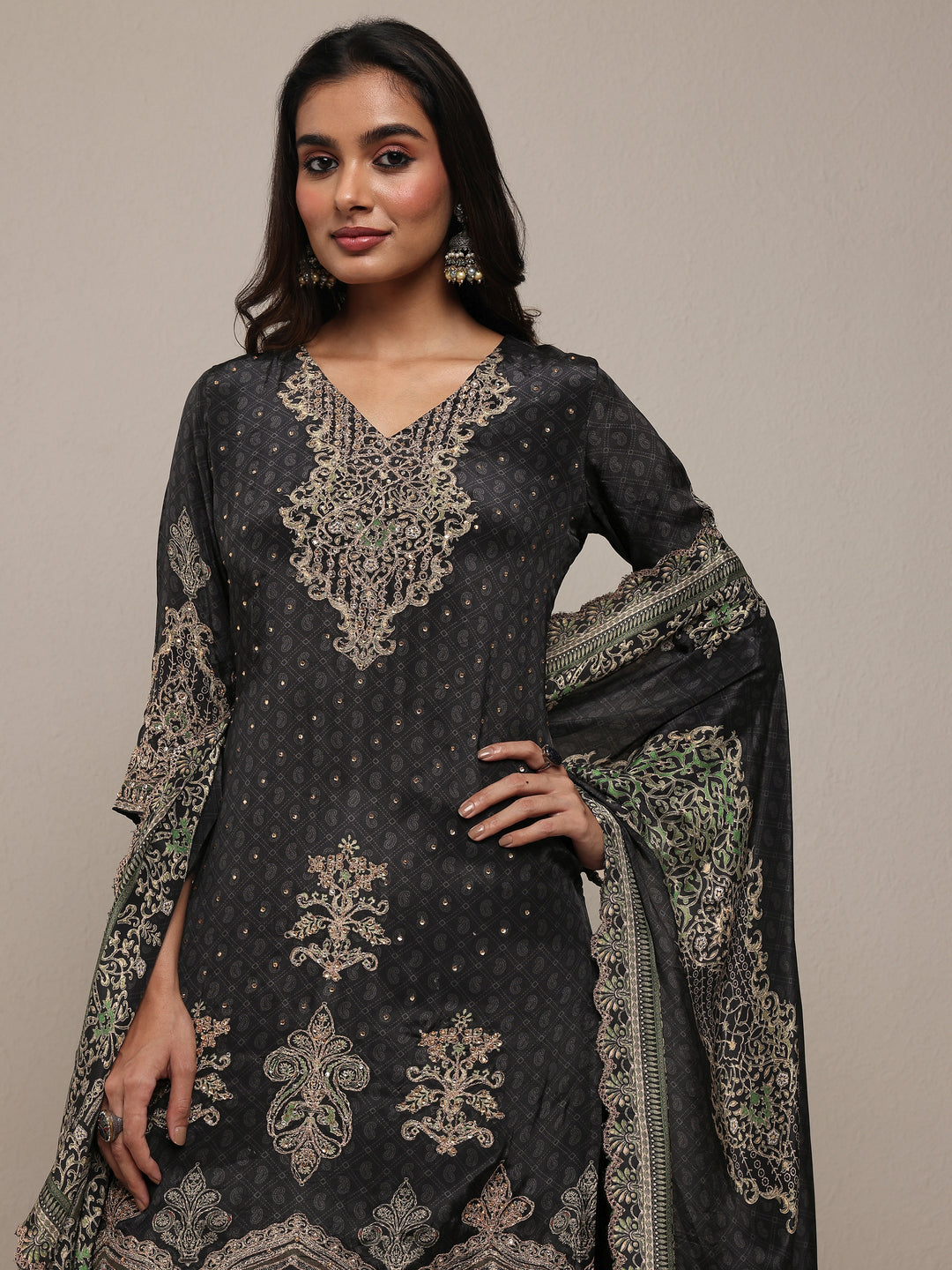  Libas Art Black Embroidered Silk Crepe Straight Suit Set With Dupatta 