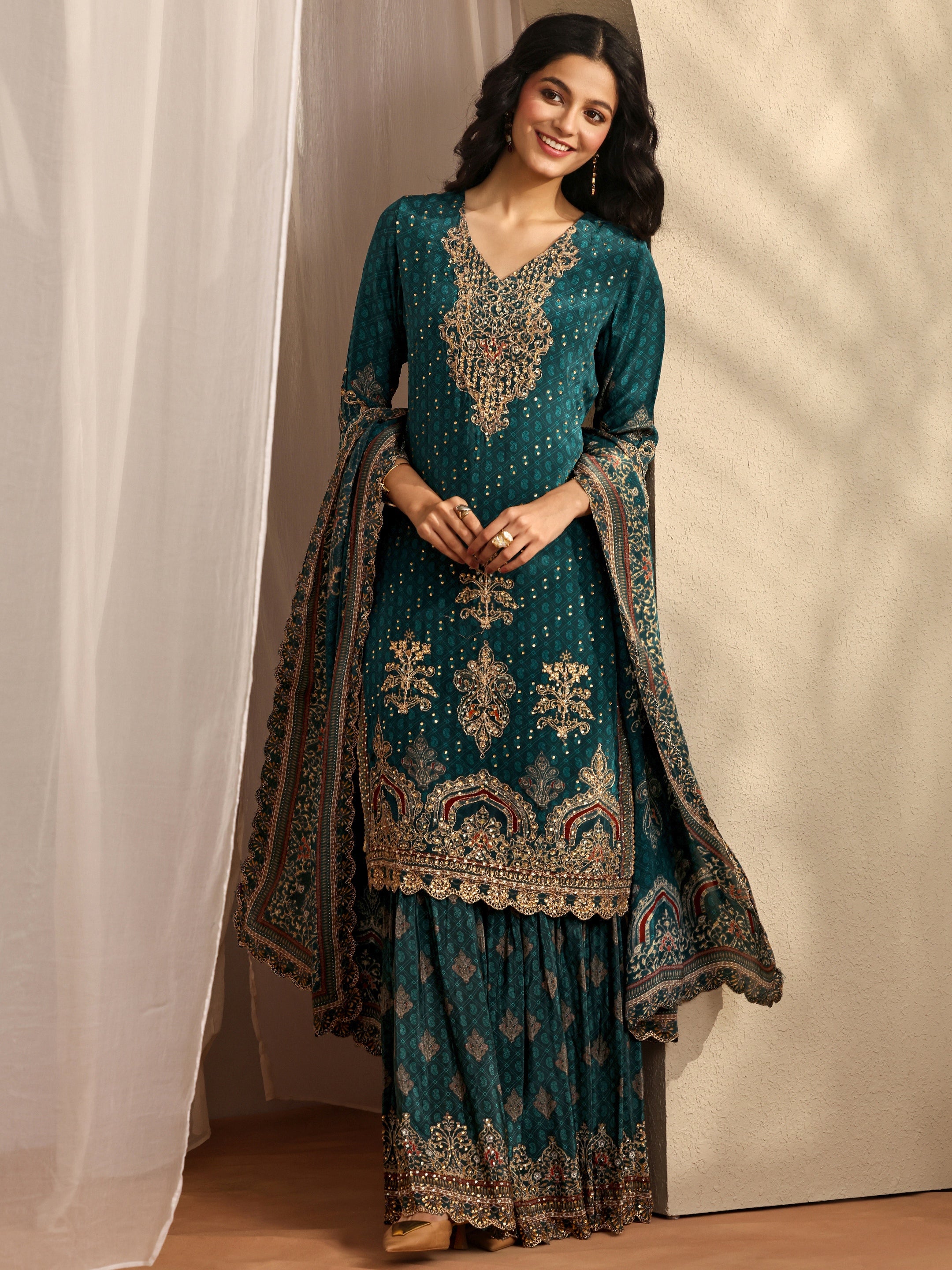 Libas Art Teal Embellished Crepe Suit Set With Dupatta-image-22