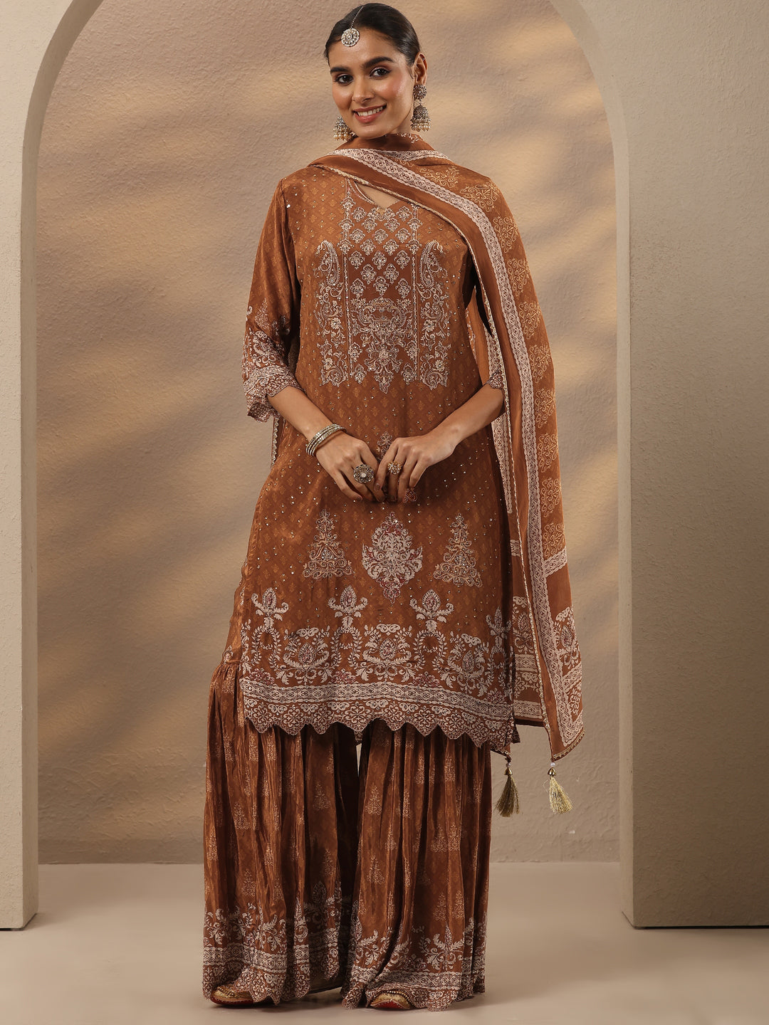  Libas Art Rust Embellished Crepe Suit Set With Dupatta 