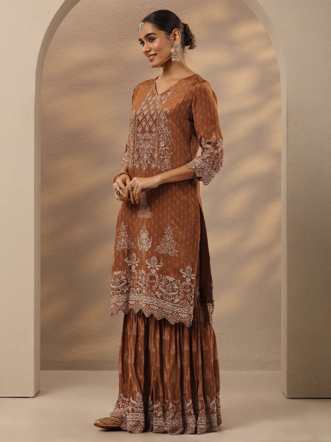  Libas Art Rust Embellished Crepe Suit Set With Dupatta 