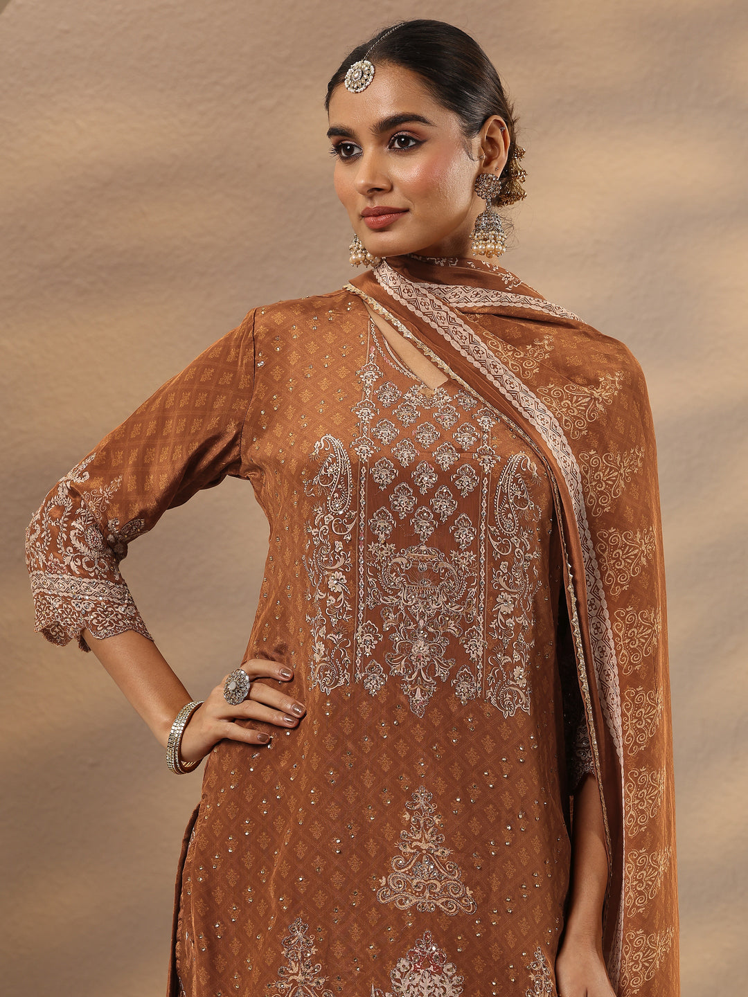  Libas Art Rust Embellished Crepe Suit Set With Dupatta 