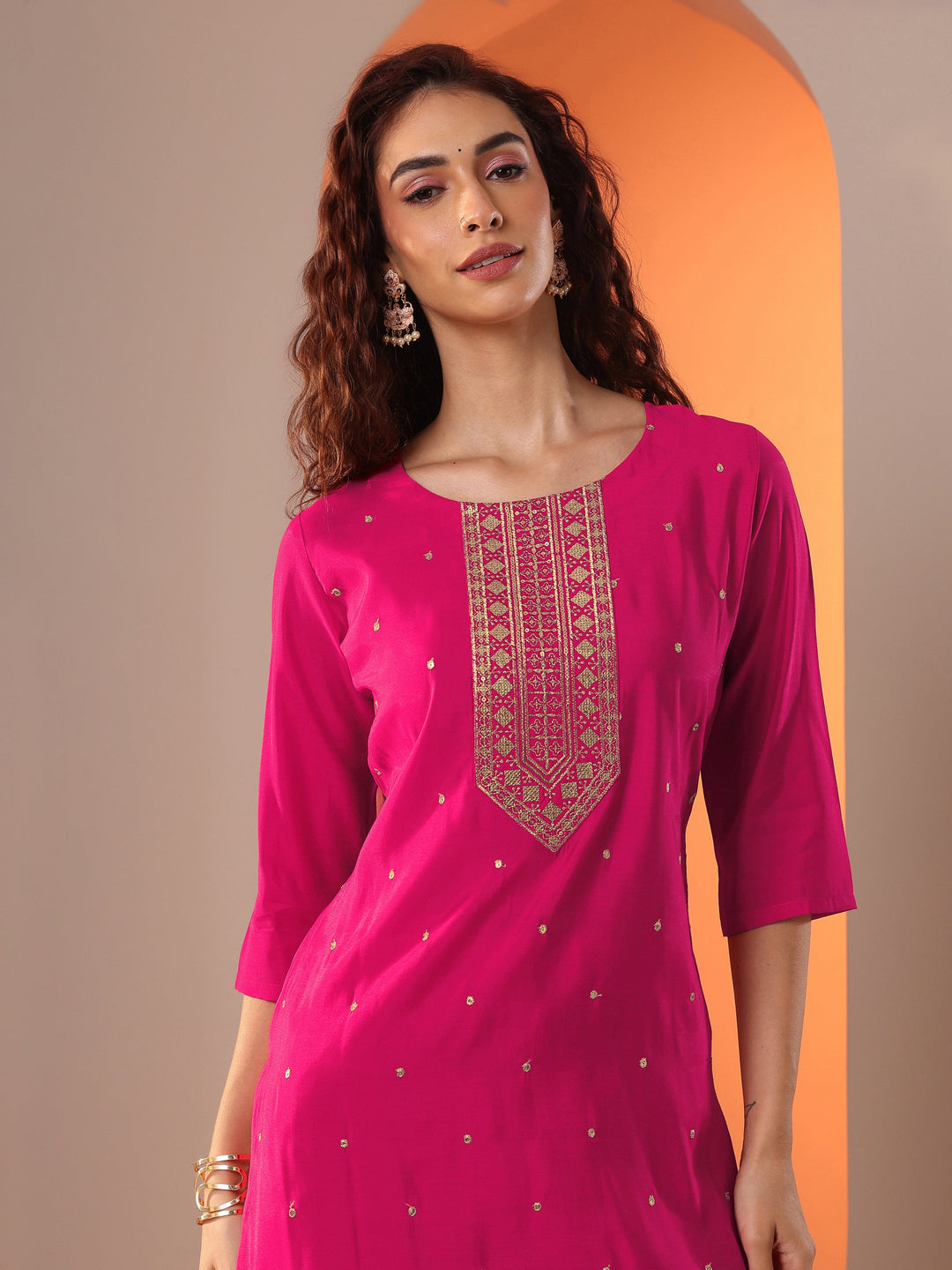  Pink Embellished Silk Blend Straight Suit Set With Dupatta 