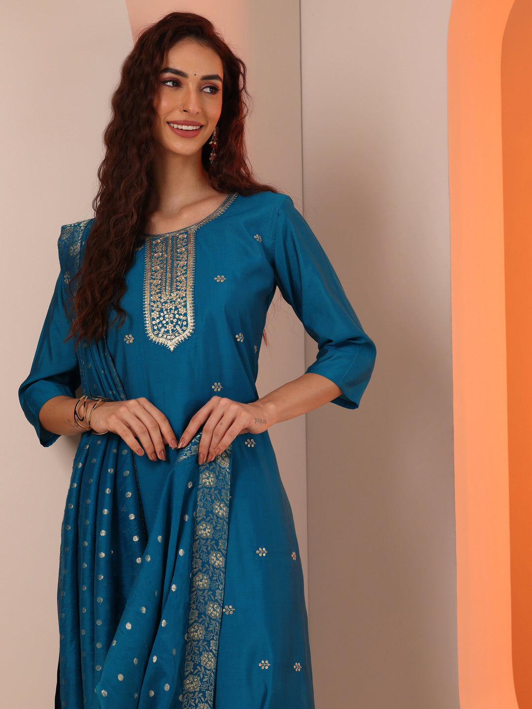  Blue Embroidered Silk Blend Straight Suit Set With Dupatta 