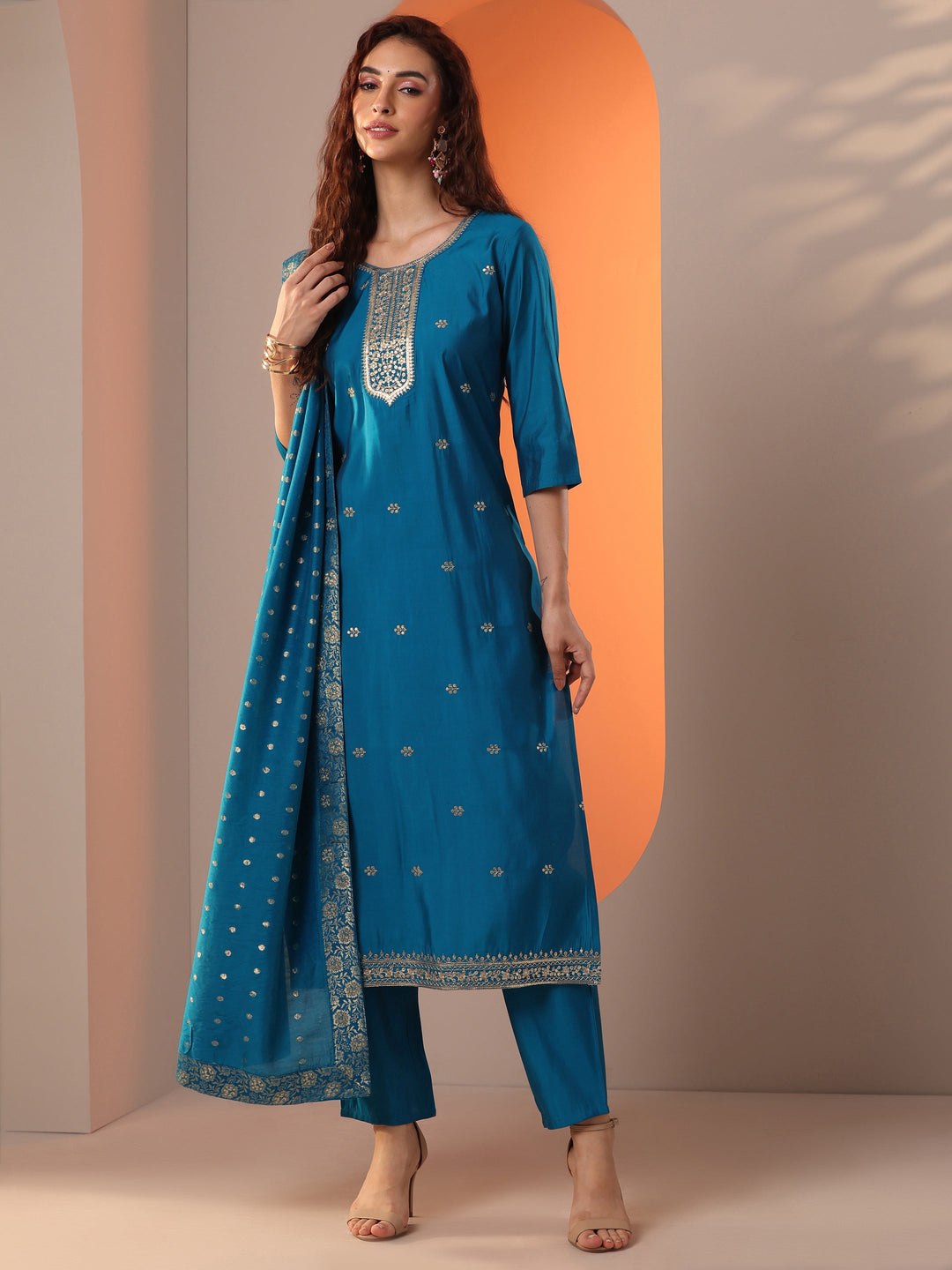  Blue Embroidered Silk Blend Straight Suit Set With Dupatta 