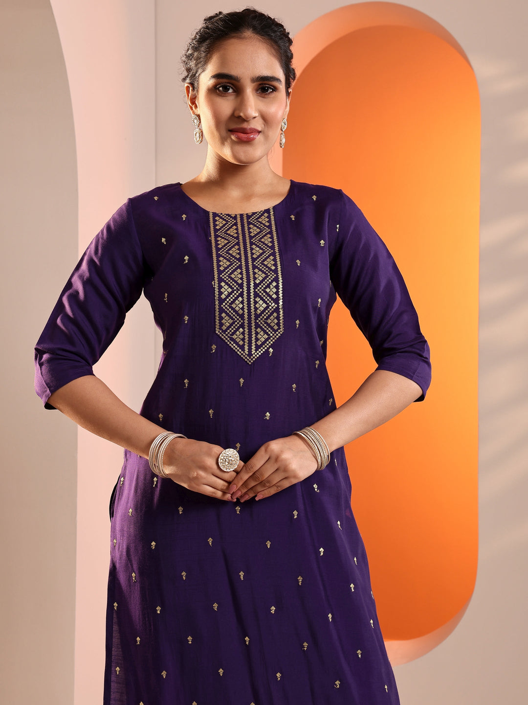  Purple Embroidered Silk Blend Straight Suit Set With Dupatta 