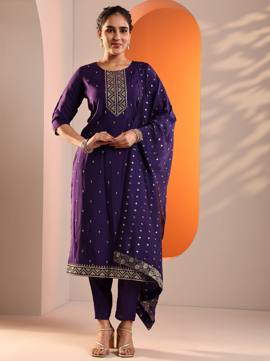  Purple Embroidered Silk Blend Straight Suit Set With Dupatta 