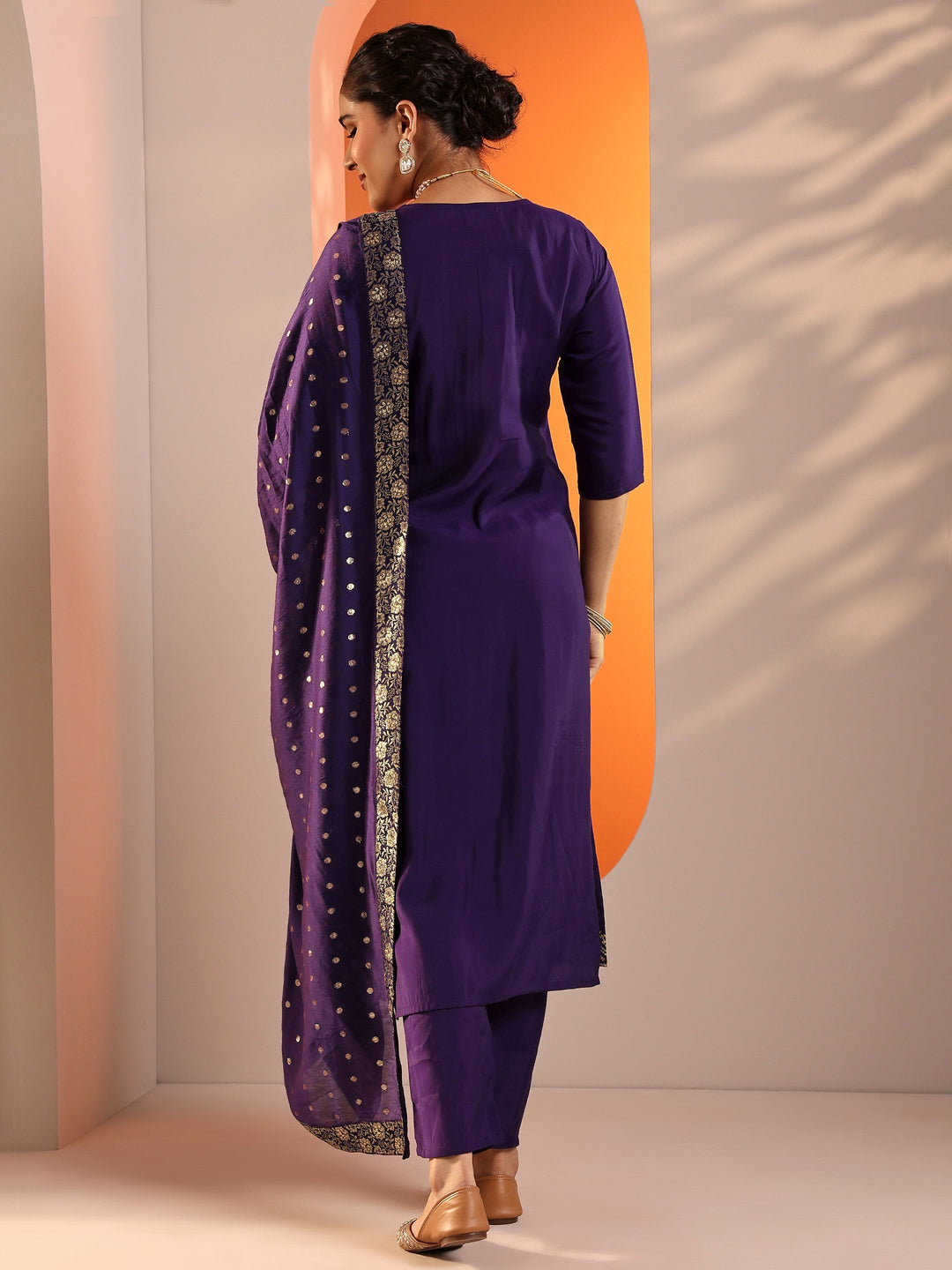  Purple Embroidered Silk Blend Straight Suit Set With Dupatta 