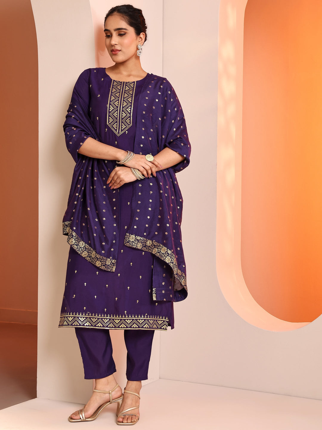  Purple Embroidered Silk Blend Straight Suit Set With Dupatta 