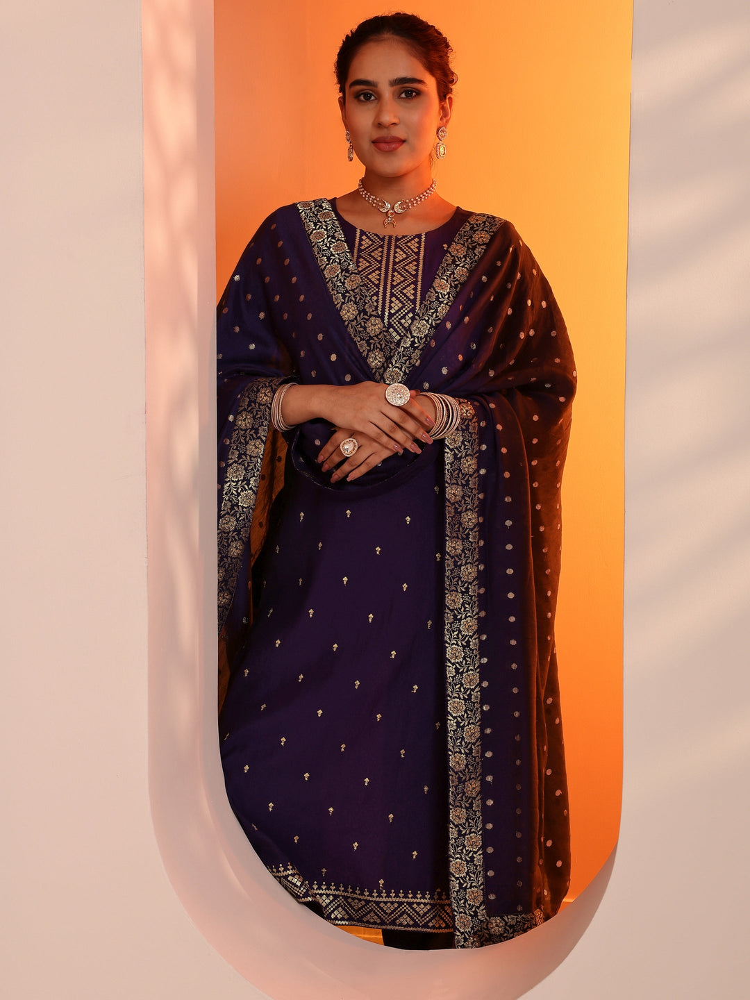  Purple Embroidered Silk Blend Straight Suit Set With Dupatta 