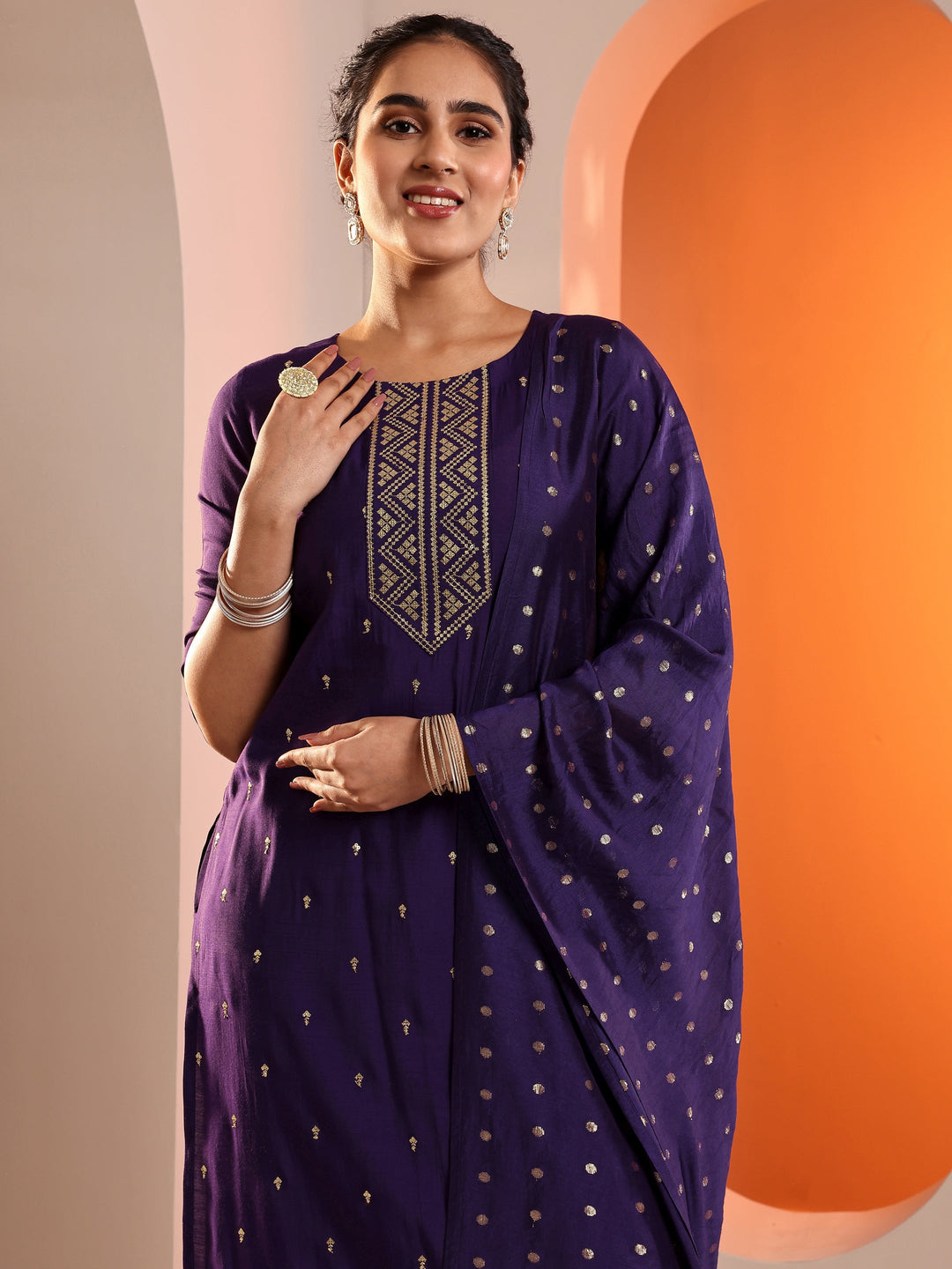  Purple Embroidered Silk Blend Straight Suit Set With Dupatta 